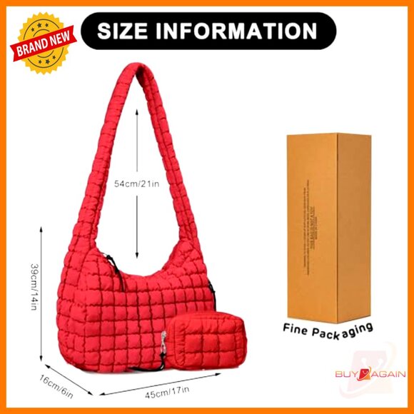 Large Quilted Puffer Tote Bag with Crossbody Strap Lightweight Carryall